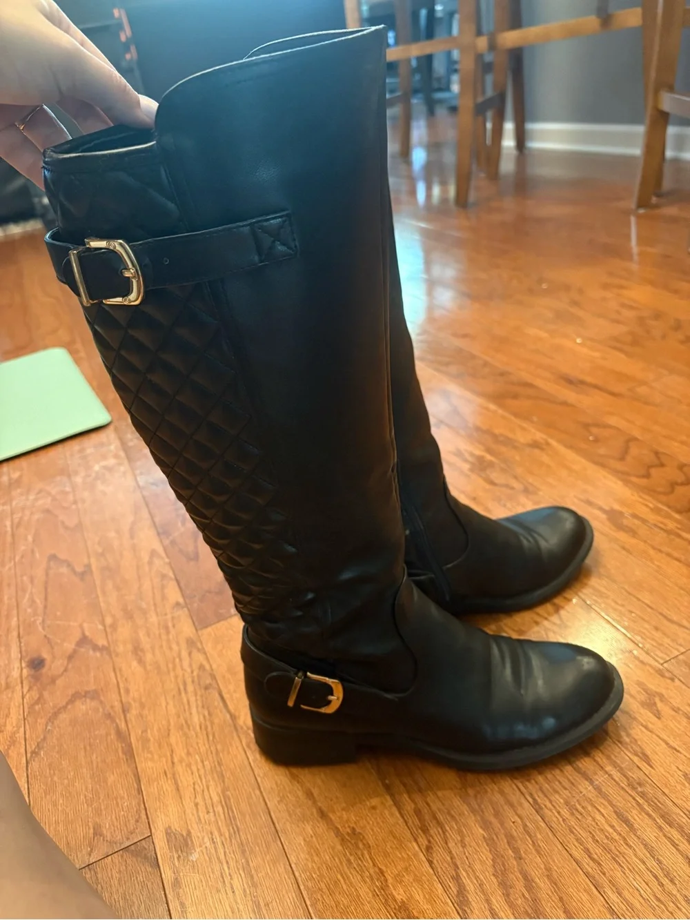 Black Quilted Riding Boots Gold Buckles Knee High Size 8
